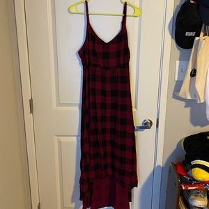 Red and black plaid high low sun dress